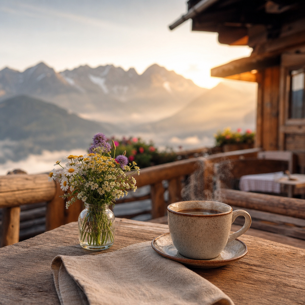 Frühstückstisch mit Kaffee auf einer Terrasse mit Bergblick am frühen Morgen